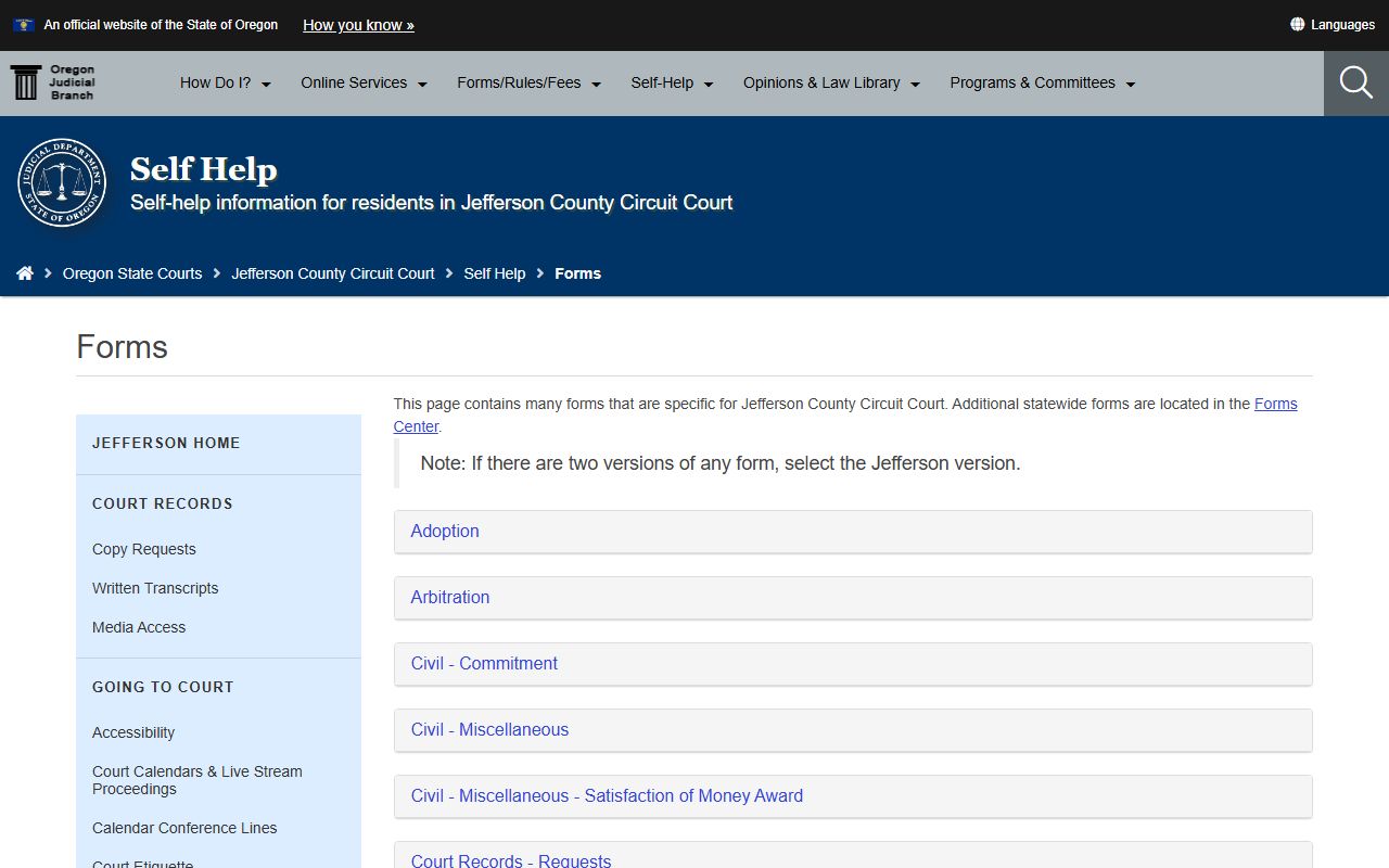 Jefferson County court dockets local court forms page