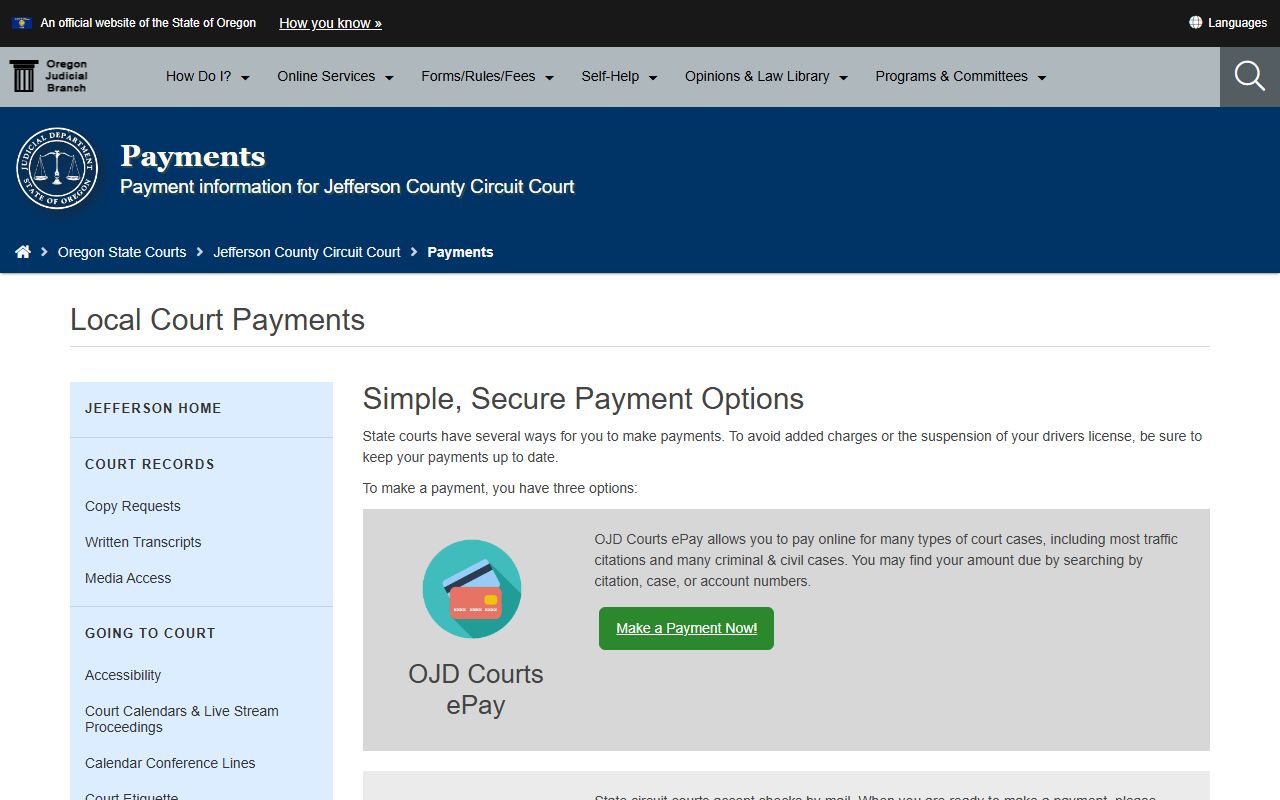 Jefferson County court dockets court payments page