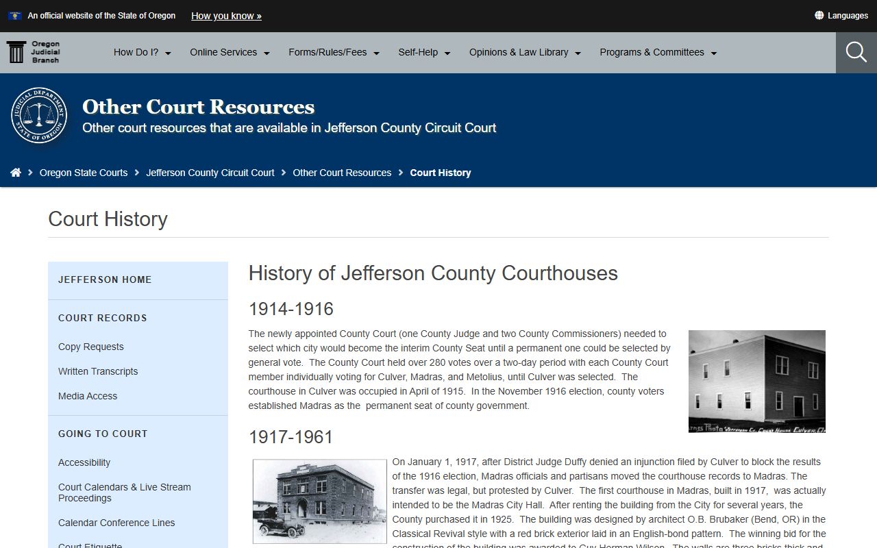 Jefferson County court dockets courthouse history page