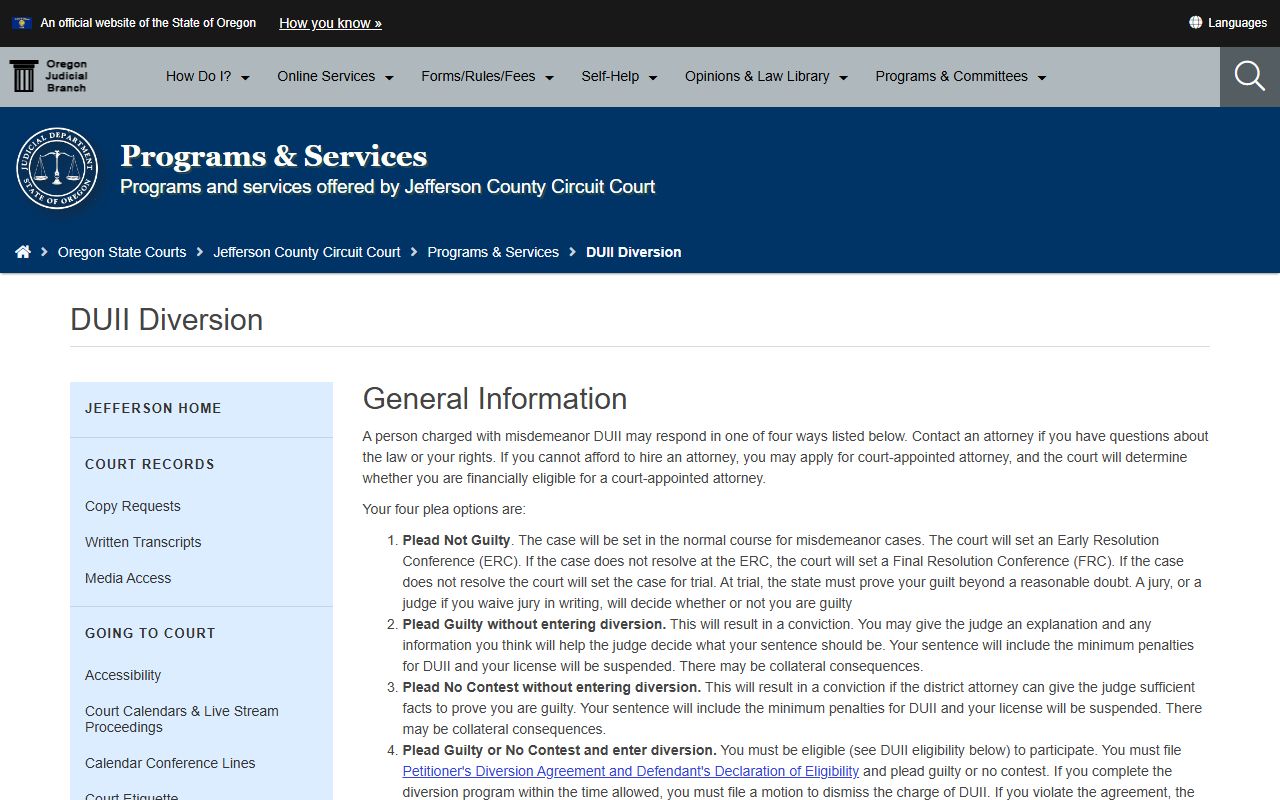 Jefferson County criminal court records DUII diversion page